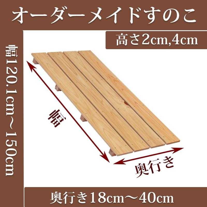 すのこ オーダーメイド 幅120.1〜150cm×奥行18〜40cm×高さ2cm，4cm 国産ひのき スノコ