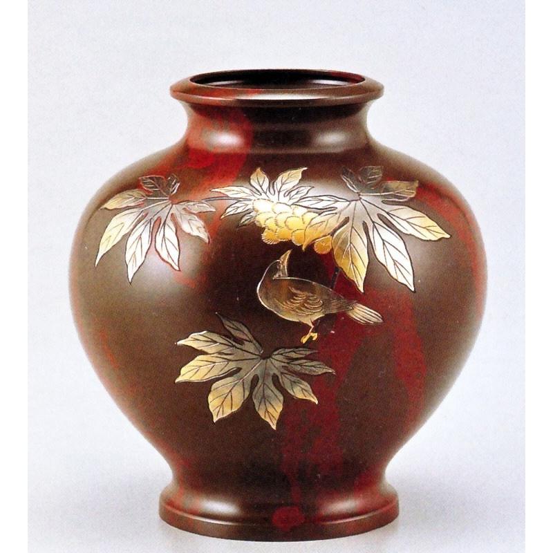 高岡銅器の花瓶／壷 楓に鳥 山本秀峰作品 化粧箱付／送料無料