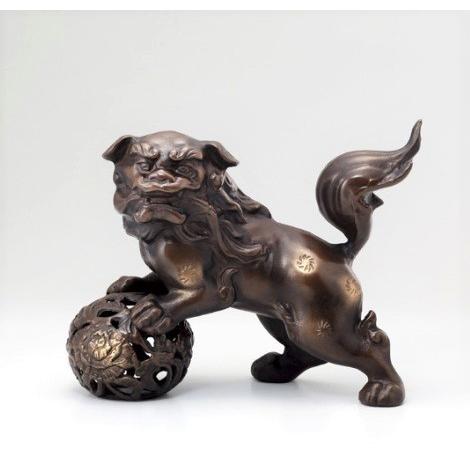 獅子の置物　玉獅子・中　高岡銅器の置物／送料無料