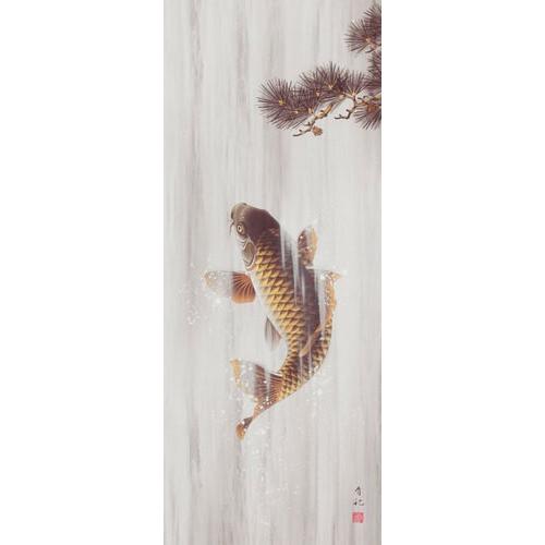 鯉の瀧昇り日本画・肉筆絹本 掛け軸 古美術 掛軸 北村晴方『滝