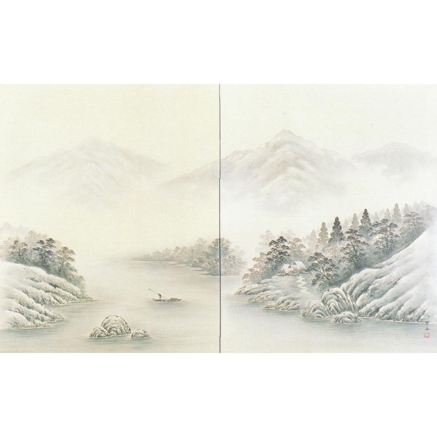 屏風屋】湘雲銘 水墨山水図 小屏風 高さ 約91cm 四曲半双 絹本