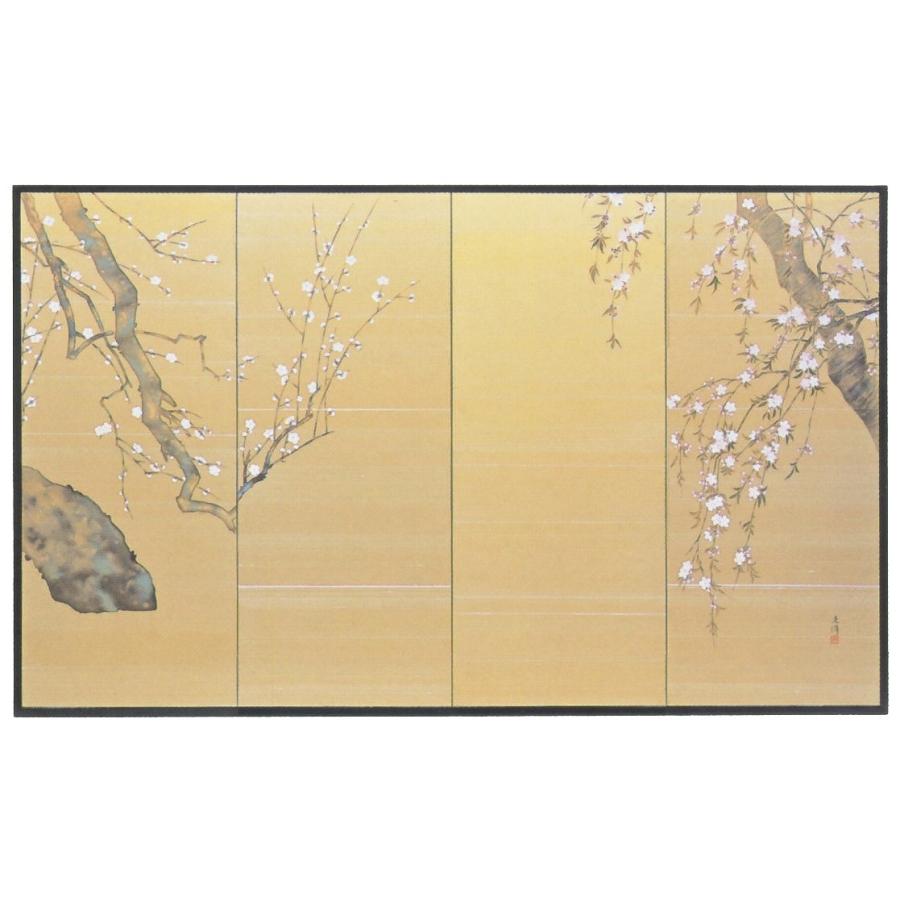 節句屏風／上巳の節句　白梅に桜　四尺四曲半双屏風　絹シケ仕様