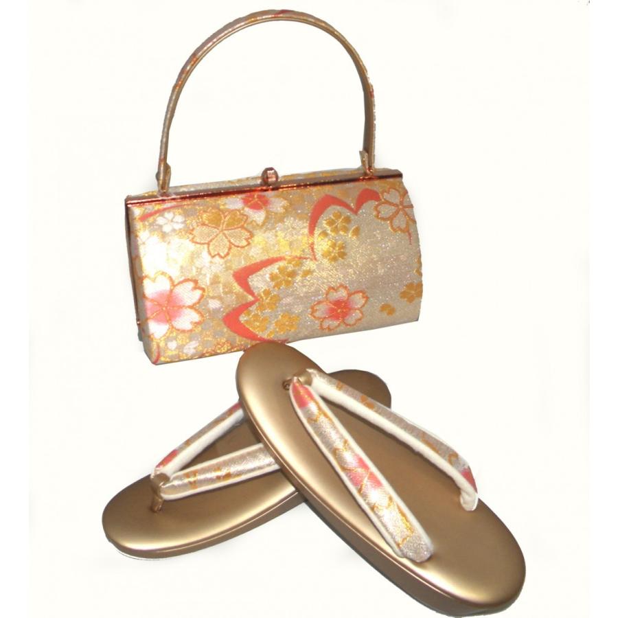 草履バッグセット 振袖用 帯地金襴 金地桜 フリーサイズ草履 和装用草履バッグ 成人式 ハートボックス型 :1