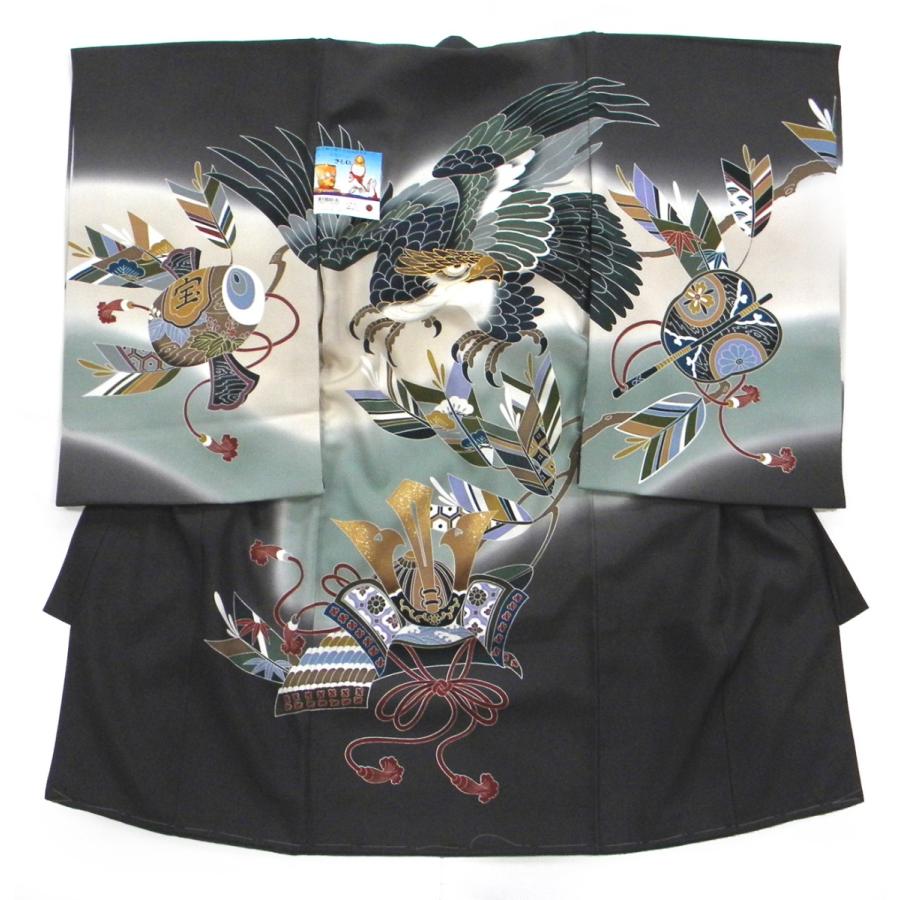 祝着 正絹一つ身着物 男児用 鷹に兜 濃グレー地 手描き京友禅 お宮参り 産着