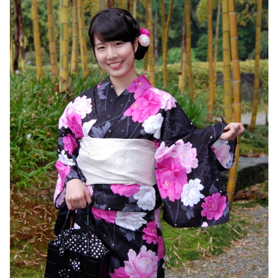 仕立て上り浴衣 プレタ浴衣 黒地牡丹ピンク 浴衣単品 : 京都ひのや呉服 