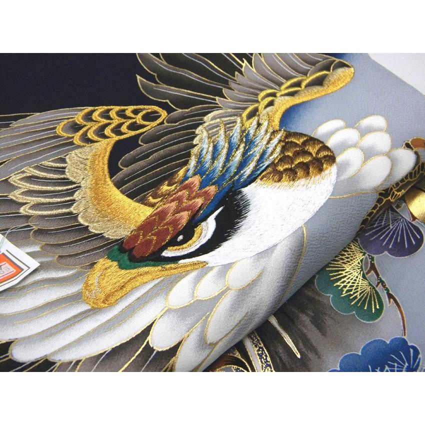 祝着 正絹一つ身着物 男児用 鷹に富士 兜 刺繍入り紺地 お宮参り