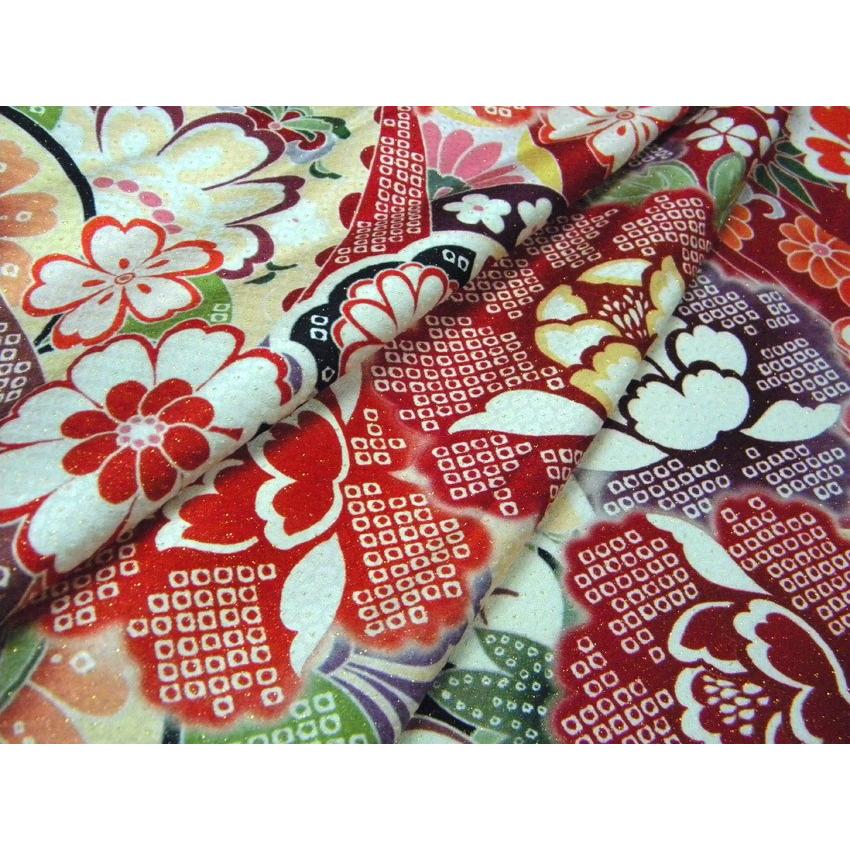 着物のはぎれ 正絹振袖 金通し赤疋田柄友禅 絹のハギレ : 京都ひのや
