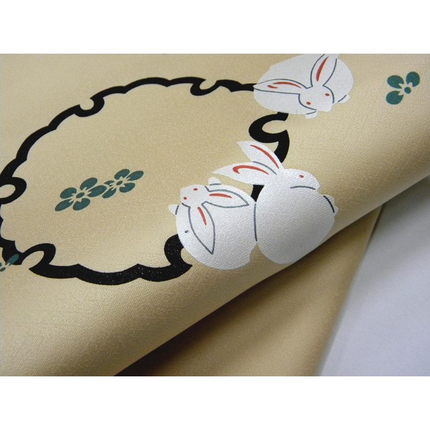 名古屋帯 正絹染帯 砥粉色雪輪にうさぎ柄 変り織生地 仕立て上がり 染