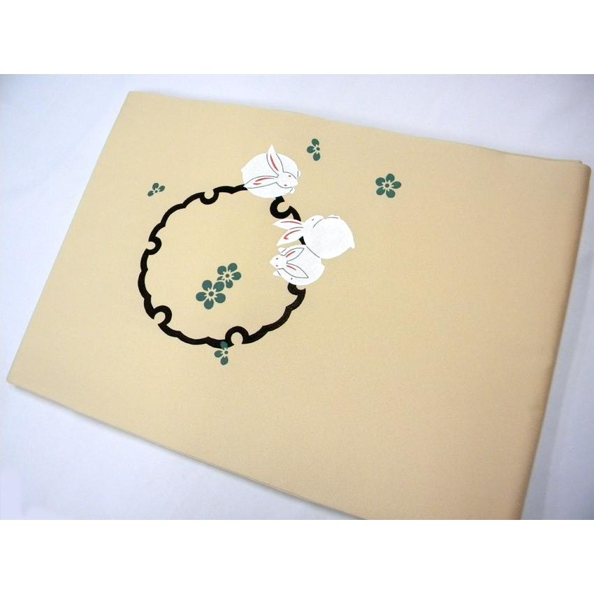 名古屋帯 正絹染帯 砥粉色雪輪にうさぎ柄 変り織生地 仕立て上がり 染