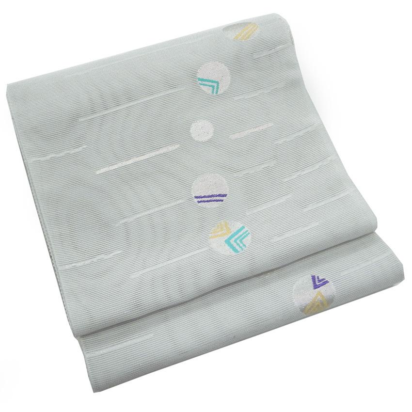 夏物 絽名古屋帯 正絹西陣織 薄グレー地 丸柄 六通 アウトレット  