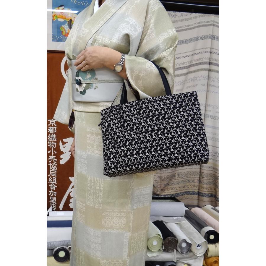 和装用トートバッグ 大判 黒地印伝調 七宝文 着物バッグ 京都 万里小路