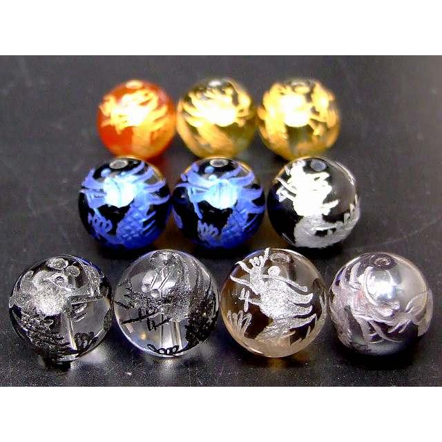 天然石 パワーストーン 66976 龍彫り 金 銀 素 青 黒彫り 14mm 10粒