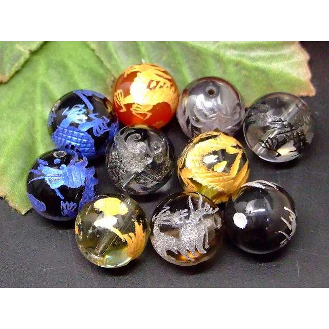 天然石 パワーストーン 66976 龍彫り 金 銀 素 青 黒彫り 14mm 10粒