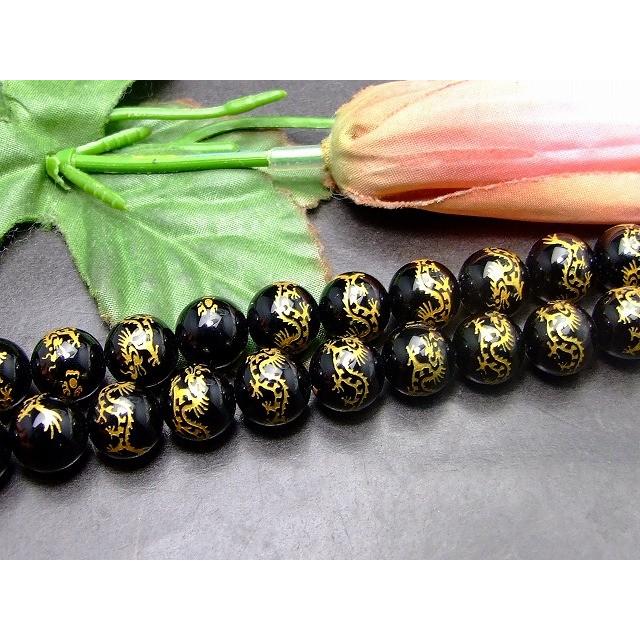 天然石 パワーストーン g3-493 10mm 龍 オニキス 金彫 彫り 1連38cm