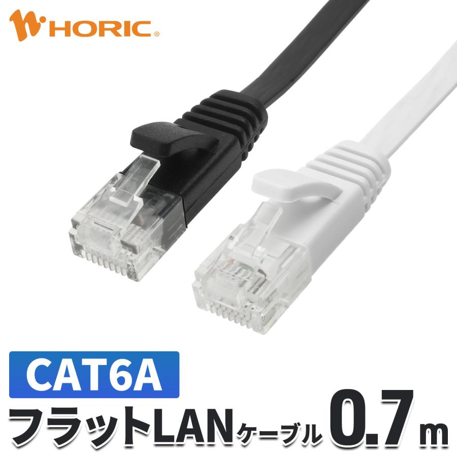 フラット LANケーブル 0.7m CAT6A 10Gbps対応 ブラック/ホワイト ツメ