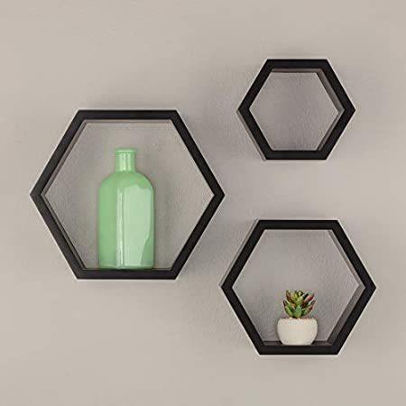 激安通販の Gallery Solutions x 4.25 x 12.25 フローティングシェルフ 壁取り付け 3点セット 装飾 幾何学模様 六角形 ブラック ウォールシェルフ