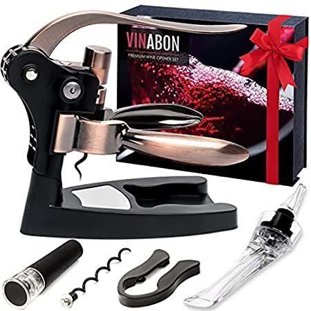 Wine Opener Set - 2018 Edition All-In-One Rabbit Corkscrew Set with Standin Wine Opener Set                6 PCS Kit: Rabbit Corkscrew, Foil Cutter, 2  Bottle Stoppers, Extra Corkscrew, Wood Stand. Designer Gift Box with  Instructions!