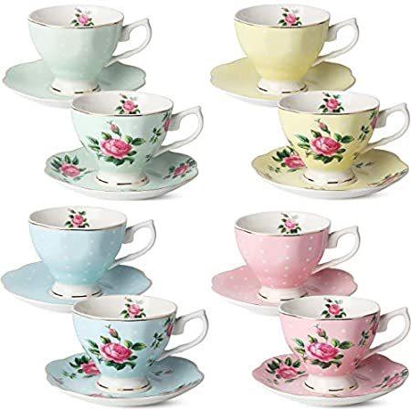 BTaT- Floral Tr ゴールド with Multi-color oz) (8 8 of Set Saucers, and Cups Tea ティーカップ、ソーサー 最新入荷