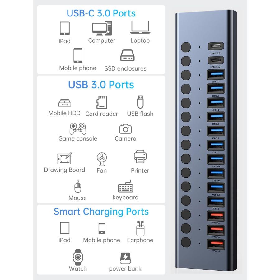 並行輸入品】USBハブ 給電式 ACASIS 16ポート90W USB 3.0データハブ