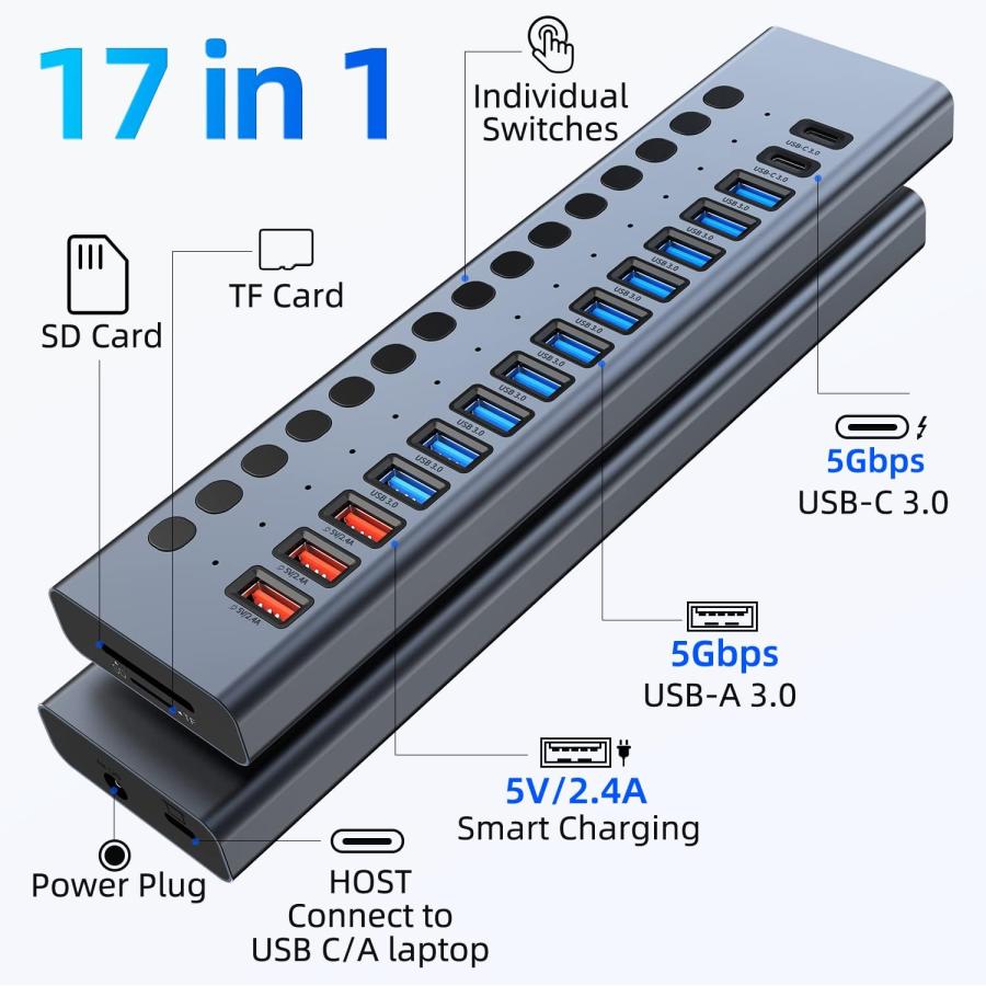 並行輸入品】USBハブ 給電式 ACASIS 16ポート90W USB 3.0データハブ