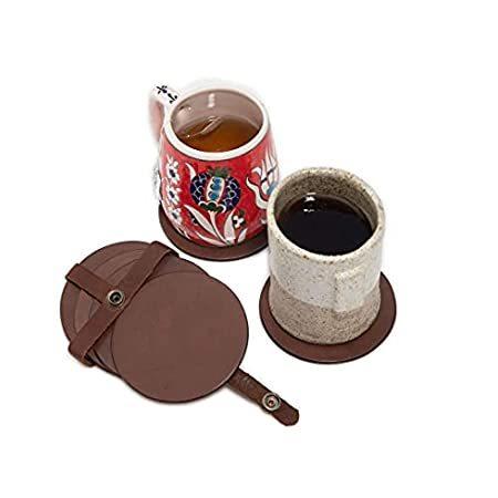 Alta Andina ラウンドレザーコースターセット コースターホルダー付き コースターホルダー付き 6個セット キッチン