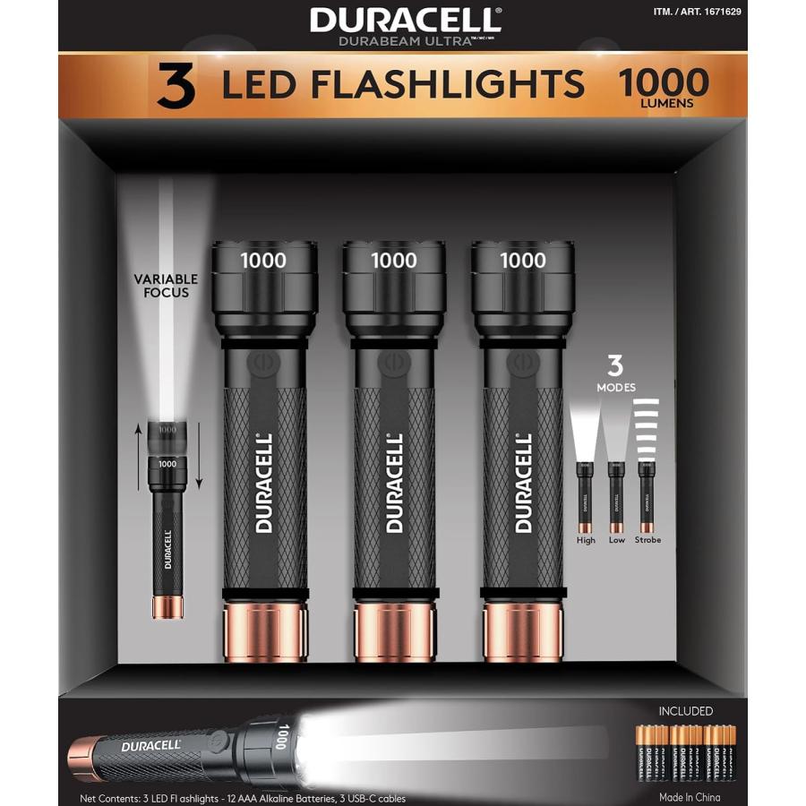 並行輸入品】懐中電灯 1000ルーメン 3個パック DURACELL DURABEAM 