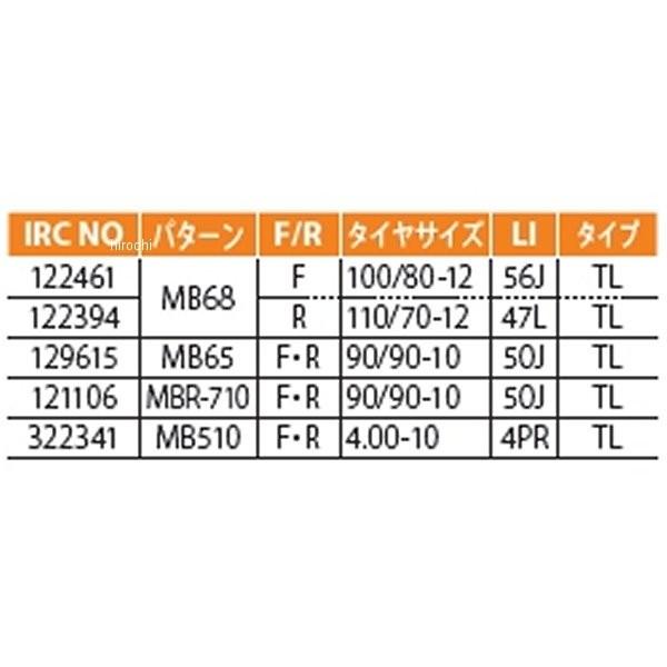 【メーカー在庫あり】 122461 井上ゴム工業 IRC MB68 100/80-12 56J TL フロント HD店｜hirochi2｜02