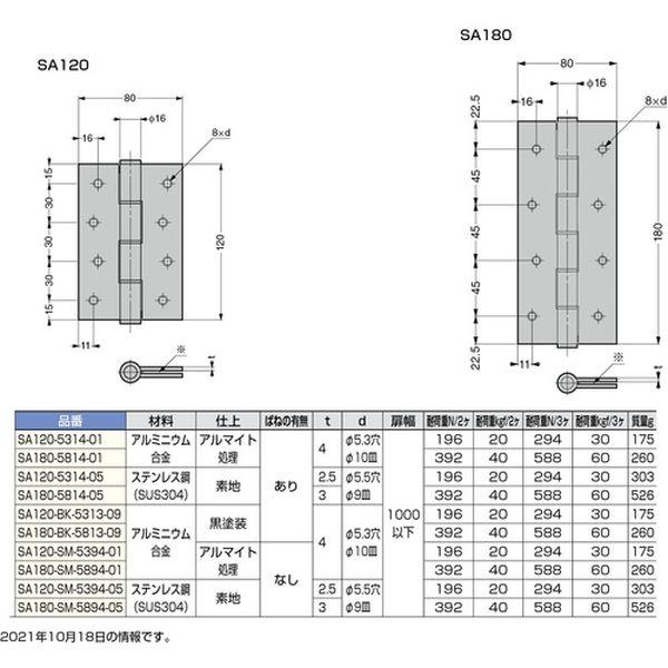 【メーカー在庫あり】 SA120-5314-01 SA120531401 スガツネ工業(株) スガツネ工業 (170090810)SA120-5314-01スプリング丁番 HD店の画像