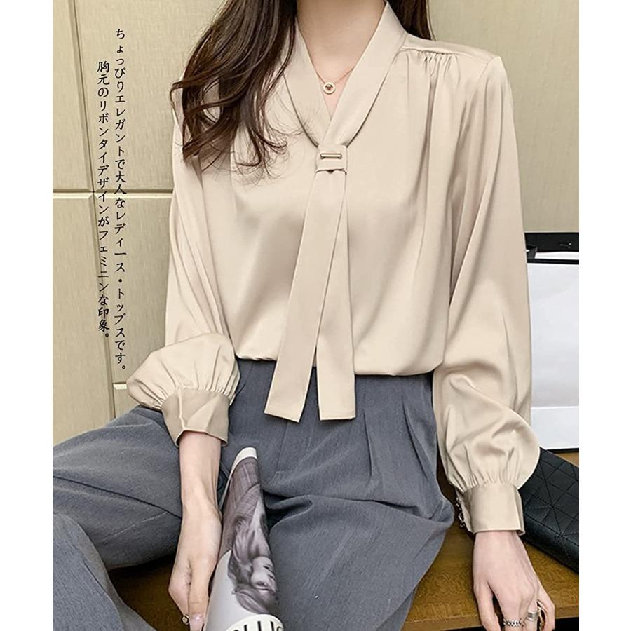 シャツ ブラウス レディース リボン トップス パフスリーブ Vネック