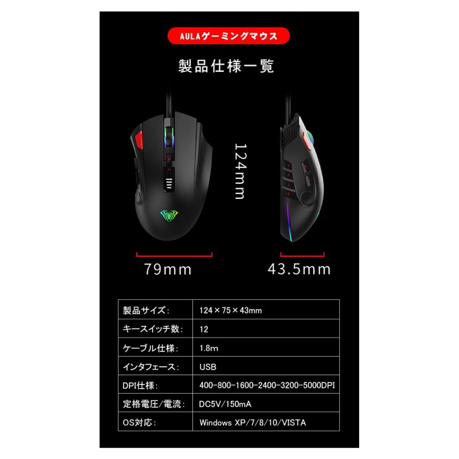 ゲーミングマウス 有線 光学式 RGB USB有線マウス 6段調節可能DPI 12