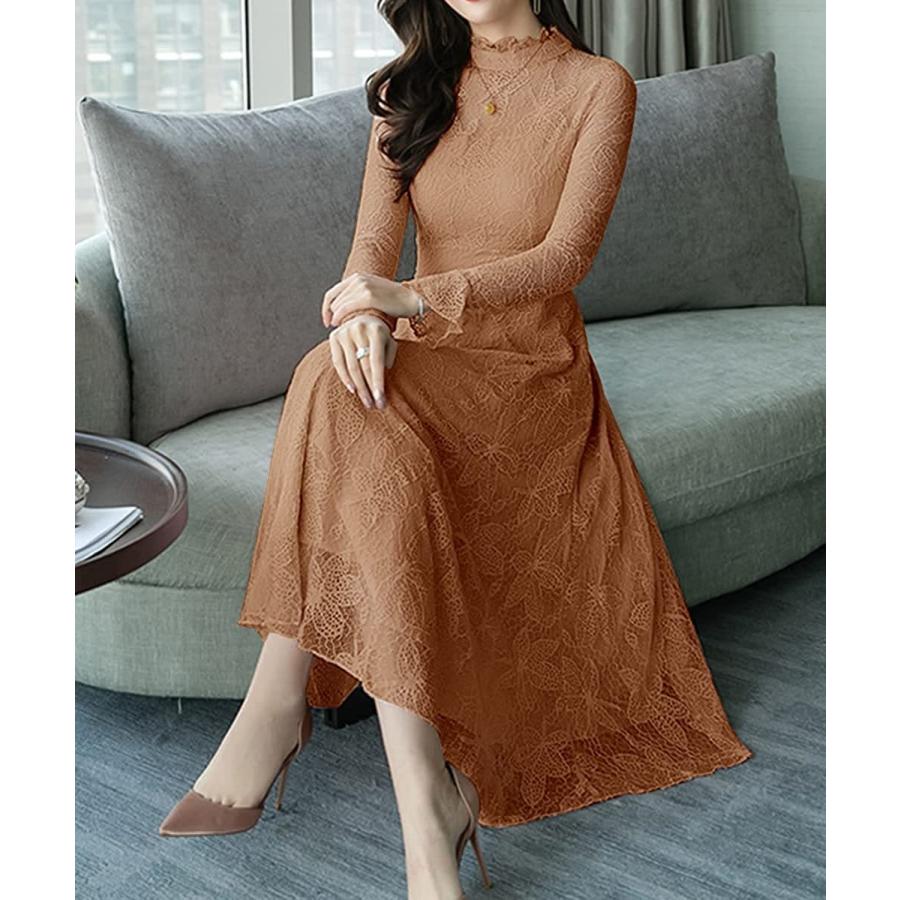 ワンピース レディース レース ロング フリル ドレス 長袖 フレア 総柄