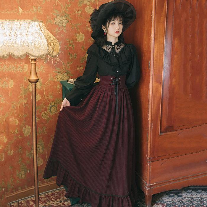 単品 ゴシック＆ロリータ服 ゴスロリ コスプレ衣装 ブラウス スカート ロリータ 女性 大人 コスチューム 長袖 ミモレ丈 暗黒  Lolita ハロウィン クリスマス 学 の商品画像