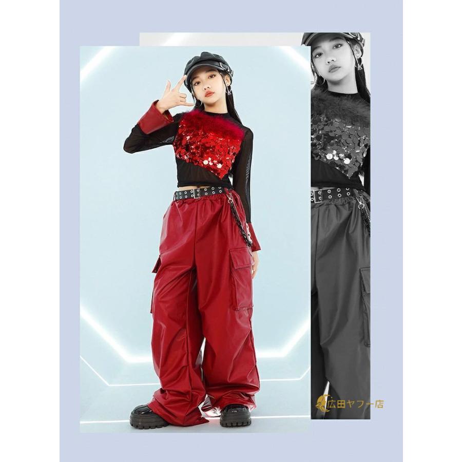 赤と黒のスパンコールダンス衣装セット キッズダンス 衣装 女の子 韓国 スパンコール セットアップ