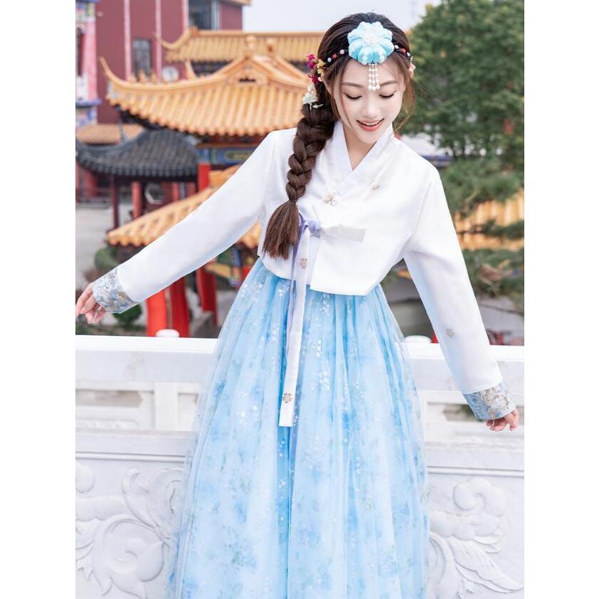 新品☆韓国最新チマチョゴリ 韓服 白×キラキラブルー 韓服 チマチョゴリ 女性 大人用 韓国風ドレス 白長袖ブラウス 星柄