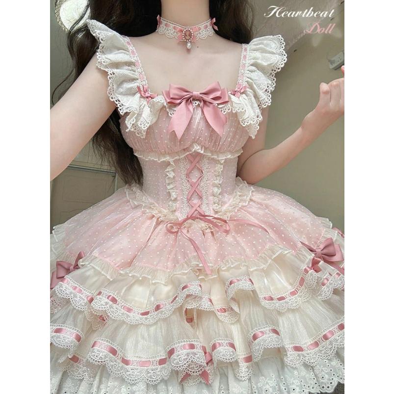 アンドロミオ ロリータドレス ピンク フリル JSK ハイウエストお花とストライプのジャンパースカート AND ROMEO