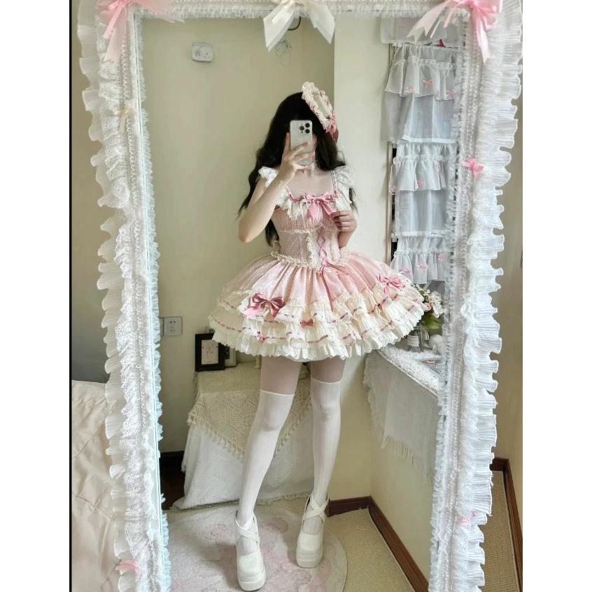 ロリータ ドレス ピンク 可愛い お姫様 ワンピース ショート丈