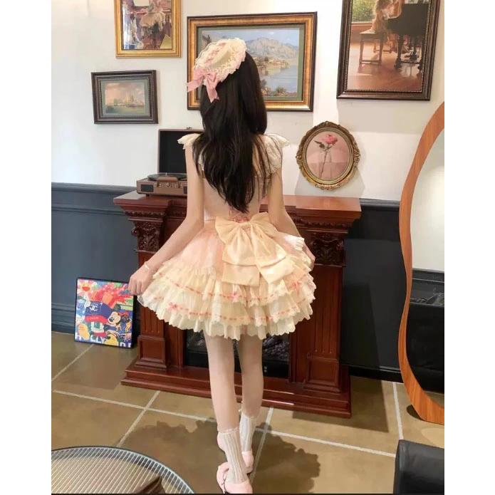 ロリータフリルドレス 宮殿風 リボン姫ティアードスカート 地雷系メイド衣装ピンク ゴスロリ ロリータドレス 宮殿風 リボン 姫ティアードスカート