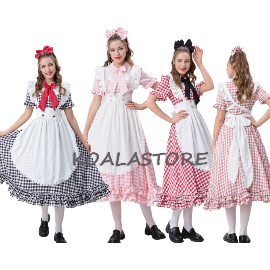可愛いメイド服 大人用コスチューム メイドコスプレ チェック柄ワンピース フリル 半袖メイド服 ハロウィン衣装 ロリータ ゴスロリ ワンピース+エプロン+カチュ の商品画像