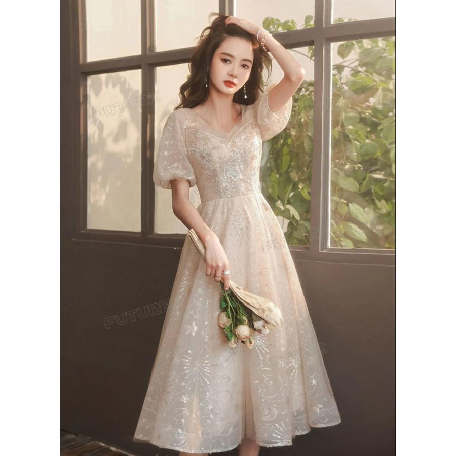 500円OFF★ピアノ発表会 ドレス 大人 高校生 シャンパン 半袖 パーティードレス 演奏会ドレス 体型カバー ドレス マキシ丈 ミモレ丈 キラキラ レース ウェディン | ブランド登録なし | 01