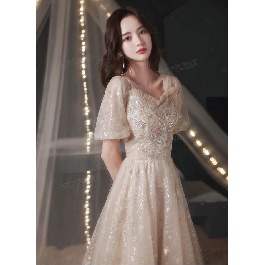 500円OFF★ピアノ発表会 ドレス 大人 高校生 シャンパン 半袖 パーティードレス 演奏会ドレス 体型カバー ドレス マキシ丈 ミモレ丈 キラキラ レース ウェディン | ブランド登録なし | 06