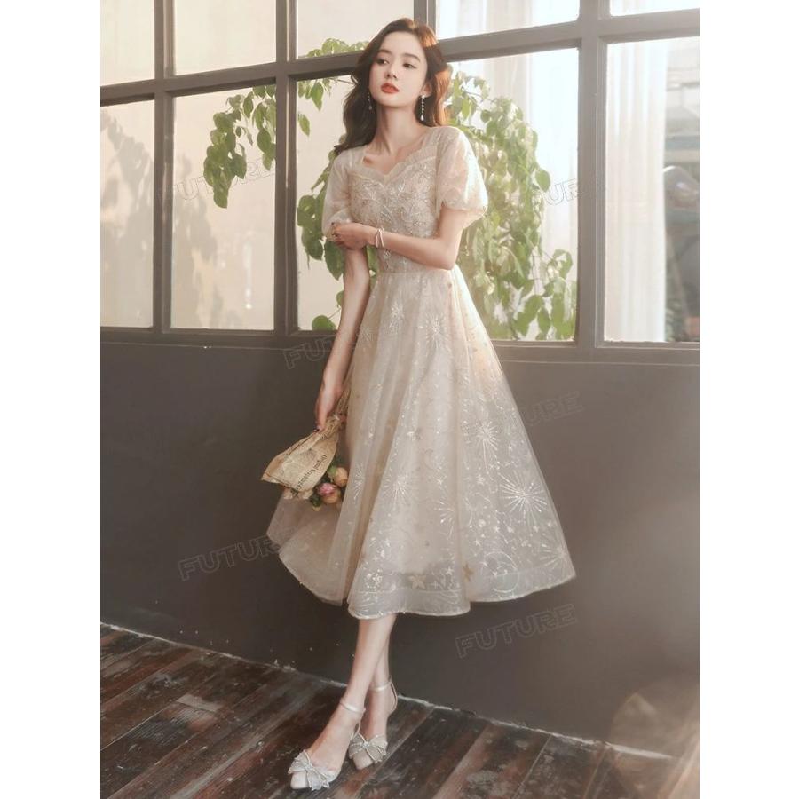 500円OFF★ピアノ発表会 ドレス 大人 高校生 シャンパン 半袖 パーティードレス 演奏会ドレス 体型カバー ドレス マキシ丈 ミモレ丈 キラキラ レース ウェディン | ブランド登録なし | 07