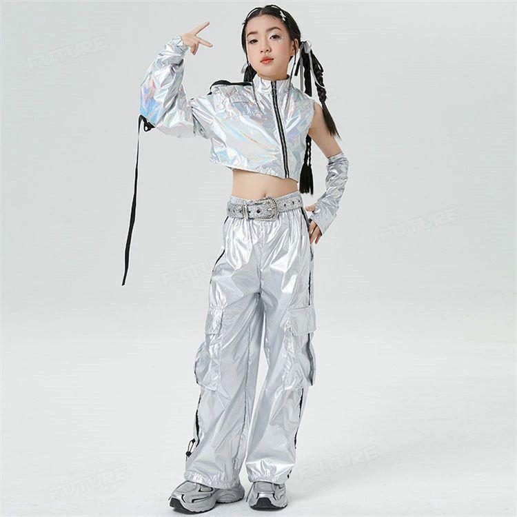 k-pop 衣装 シルバー アウター 片袖 袖カバー キッズダンス衣装