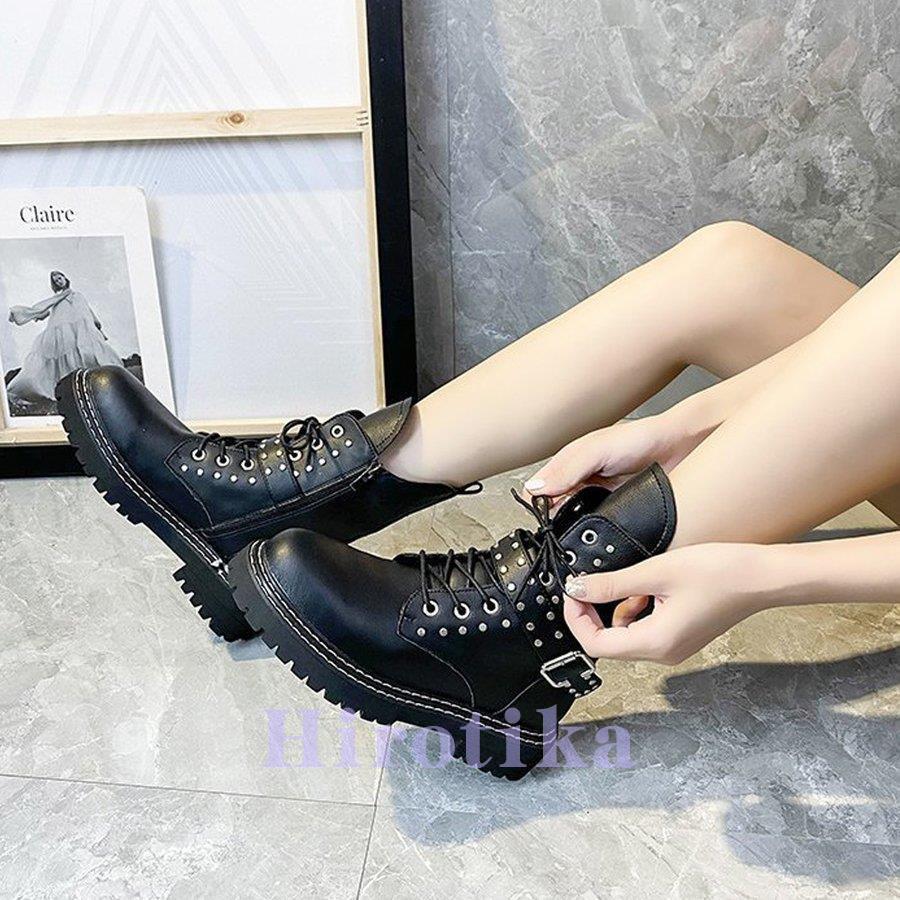 ショートブーツ レディース リベット付き ダンスシューズ レースアップ シューズ ローヒール 美脚ブーツ 歩きやすい 厚底靴 高価値