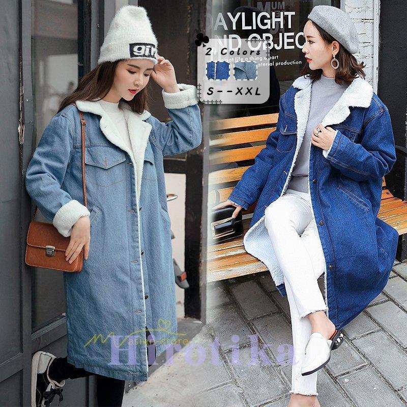 ジャケット レディース アウター デニムジャケット ジージャン 長袖 ラペル ラムウール ロング丈 韓国風 厚手 Gジャン