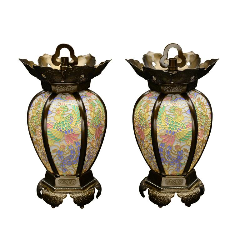 吊り灯篭 吊灯篭 彩色鳳凰 ブロンズ 真鍮 小〜中 LED電装付き 1対 仏壇 照明 led