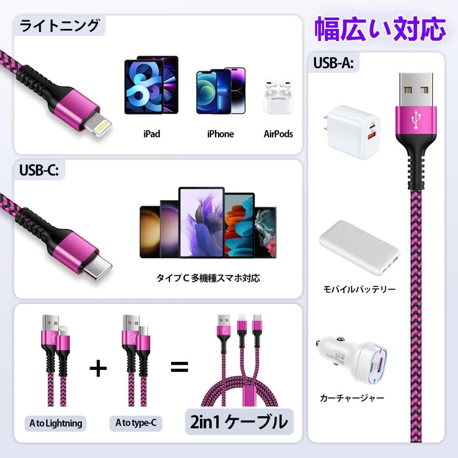 2in1 充電ケーブル iPhone用+Android用 2台同時充電コード 1.2m/2本セット 最大5.4A 急速充電 高耐久ナイロン編み US｜history-store｜06