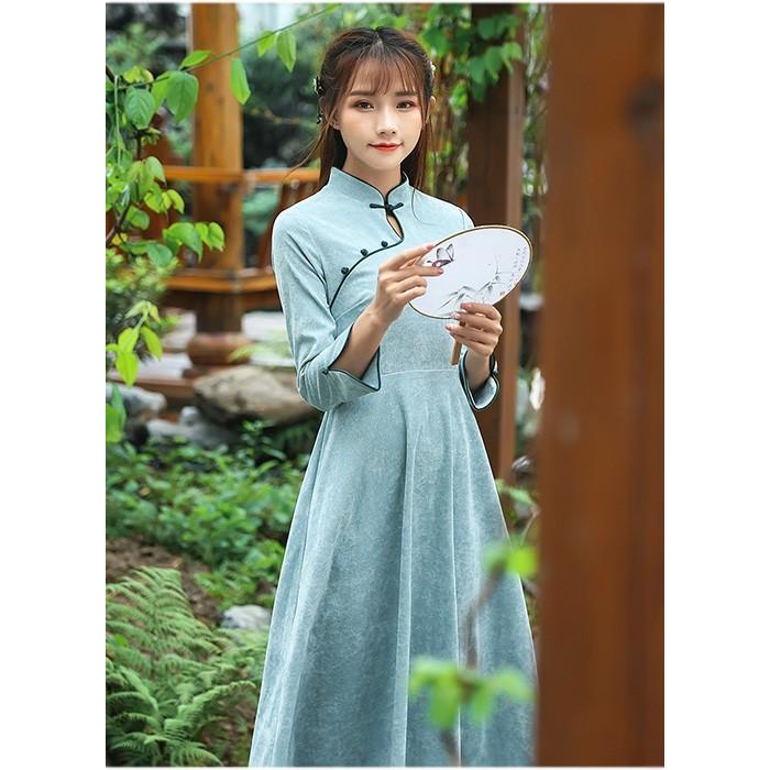 チャイナ レトロ調 ワンピース ターコイズブルー ベルベット 七分袖 ロング丈 Hanfu001 Hitastejapanヤフー店 通販 Yahoo ショッピング