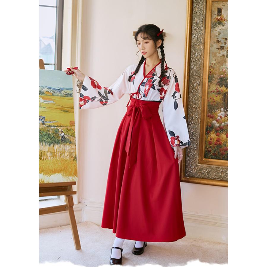 ハンフー 漢服 椿 花柄 ツーピース 長袖 ロング丈 : HitasteJapan