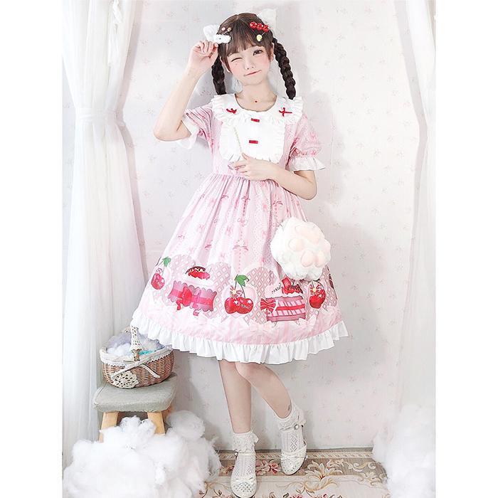 メルヘン ロリータ ワンピース スイーツ柄 半袖 ひざ上丈