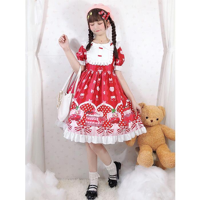 メルヘン ロリータ ワンピース スイーツ柄 半袖 ひざ上丈
